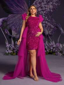 Faeriesty Dressalisa Plus Maternity Mesh Overlay Sequin Formal Party Dress - Hot Pink - View 8
