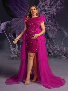 Faeriesty Dressalisa Plus Maternity Mesh Overlay Sequin Formal Party Dress - Hot Pink - View 6