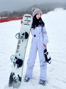 1pc Women's Solid Color Winter Outdoor One-Piece Ski Suit, Ideal Outdoor Ski Jumpsuit, Winter Women's Clothing, Taped Zipper Anti-Loss Design, Ski Suit Set With Zippered Pockets, Winter Sports Ski Suit, Sportswear, Suitable For Outdoor Activities, Winter Skiing Gear, Reinforced Structure, Functional Ski Equipment, Durable Snow Gear,Ski Clothes Women Ski Outfits