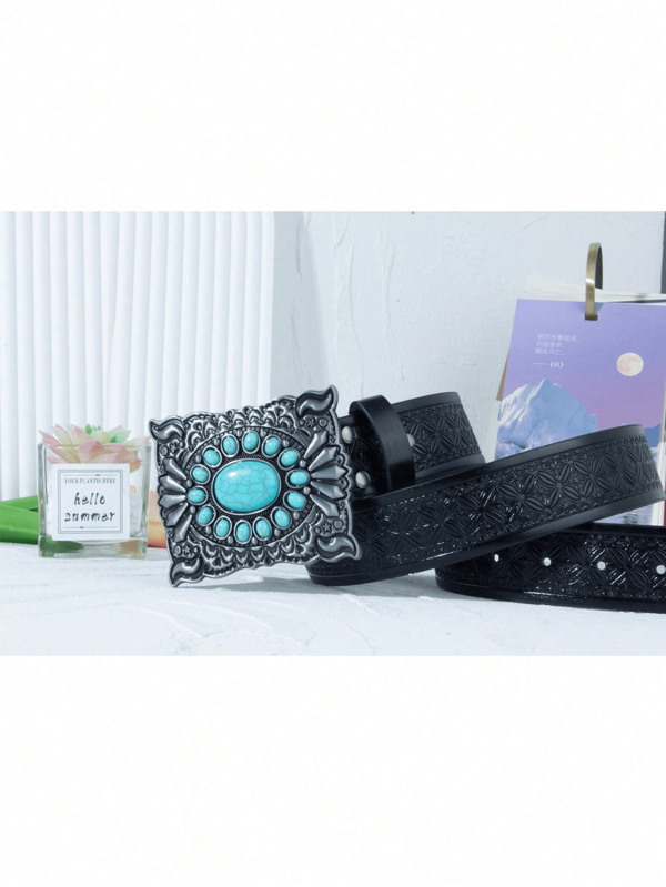 Cintura retrò alla moda con stampa di zaffiro nero, in pelle sintetica (poliuretano) bohémien, adatta per primavera, estate, autunno e inverno