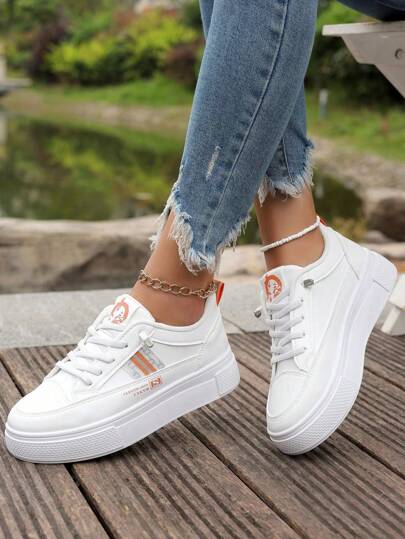  [Qishangda] Women's New White Sneakers, Versatile Breathable Platform Shoes, Thick-Sole Chunky Sneakers, Student Sports Casual Shoes