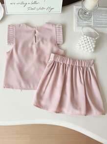 2 件套年轻女孩夏季服装套装，圆领盖袖碎花上衣和裙子套装，度假和派对穿着 - 淺粉色 - 查看 2