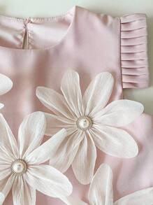 2 件套年轻女孩夏季服装套装，圆领盖袖碎花上衣和裙子套装，度假和派对穿着 - 淺粉色 - 查看 4