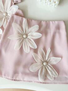 2 件套年轻女孩夏季服装套装，圆领盖袖碎花上衣和裙子套装，度假和派对穿着 - 淺粉色 - 查看 5