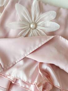 2 件套年轻女孩夏季服装套装，圆领盖袖碎花上衣和裙子套装，度假和派对穿着 - 淺粉色 - 查看 6