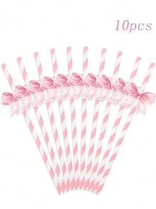 10 件粉色蝴蝶结一次性纸吸管（DIY 带点胶），粉色条纹吸管蝴蝶结派对装饰吸管，单身派对婚礼派对用品 - 粉色 - 查看 8