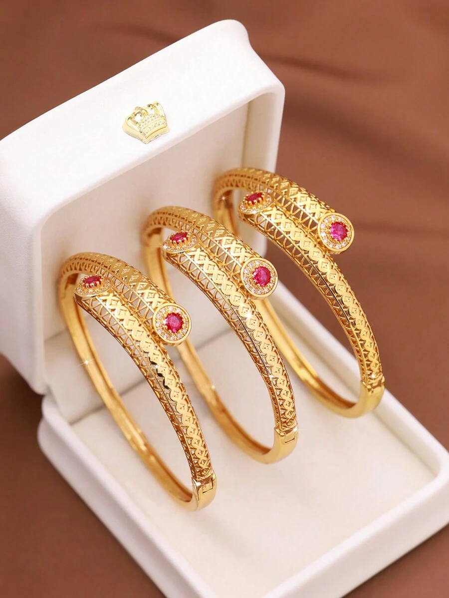 1/2/3 pièces Bracelet classique mode double rubis plaqué or 24 carats, diamètre de 60 mm ouvert aux extrémités, convient pour un usage quotidien pour femmes, boîte non incluse