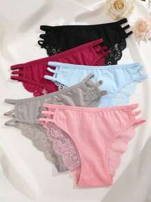 5 Stücke/Packung Damen Mehrfarbige Spitze Patchwork Freischneide Doppelträger atmungsaktive Taillenhose Sexy Höschen