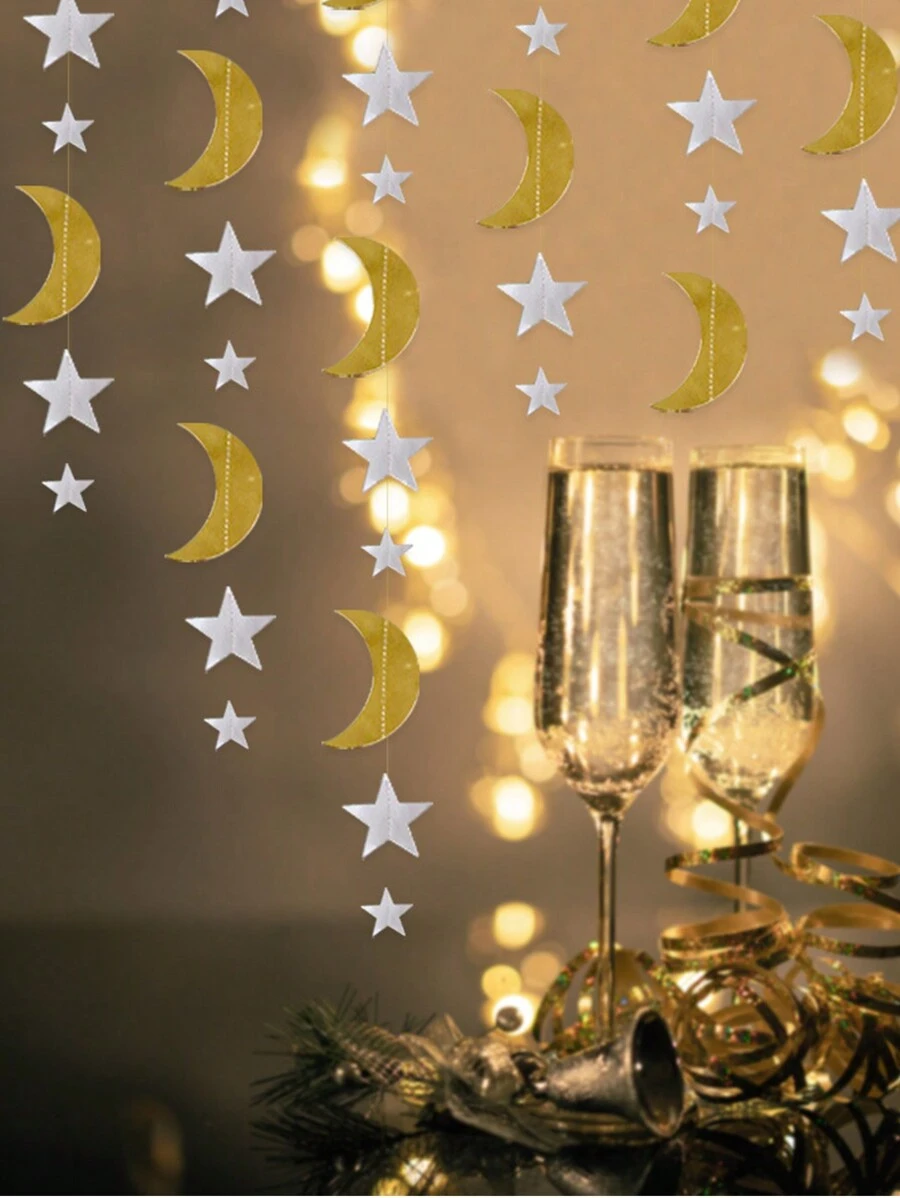 1pc 2M Star & Moon Paper Garland, Ramadan Moon & Star Hanging Decorations - Multicolor - View 1