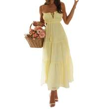 Women Summer Casual Long Dress Y2k Spaghetti Strap Bodycon Low Cut Dress V-Neck Sleeveless Solid Color Tie-Up High Backless Sexy Fashion Party Sling Maxi Dress - 黃色 - 查看 7