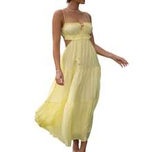Women Summer Casual Long Dress Y2k Spaghetti Strap Bodycon Low Cut Dress V-Neck Sleeveless Solid Color Tie-Up High Backless Sexy Fashion Party Sling Maxi Dress - 黃色 - 查看 9