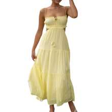 Women Summer Casual Long Dress Y2k Spaghetti Strap Bodycon Low Cut Dress V-Neck Sleeveless Solid Color Tie-Up High Backless Sexy Fashion Party Sling Maxi Dress - 黃色 - 查看 2