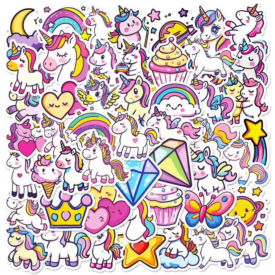50张可爱独角兽贴纸，色彩缤纷的卡通图案动物个性化涂鸦贴纸，适用于剪贴簿、日记本、礼品包装、贺卡装饰；彩虹马贴纸，适合教师奖励、青少年和成人，也可用于学校用品、返校季剪贴簿、趣味贴纸、笔记本电脑贴纸、Kindle手机贴纸。