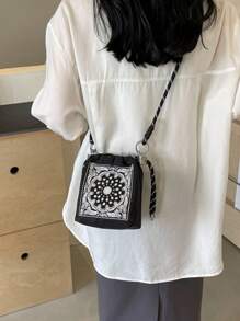 Embroidered Vintage Style Bucket Handbag For Women, New Design, Niche Brand, Versatile Commute Shoulder Bag, Paisley Flower & Ball Chain Detail, Crossbody, Exquisite Floral Bag For Women - Multicolor - View 6