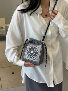 Embroidered Vintage Style Bucket Handbag For Women, New Design, Niche Brand, Versatile Commute Shoulder Bag, Paisley Flower & Ball Chain Detail, Crossbody, Exquisite Floral Bag For Women - Multicolor - View 5