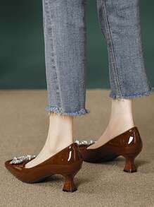 Women's Luxury Elegant Rhinestone & Pearl Decor Square Toe Sexy Stiletto High Heel Shoes, Spring/Autumn New Arrivals For Party, Date, Gala, Lightweight & Comfortable, Available In Burgundy, Black, Apricot, Green