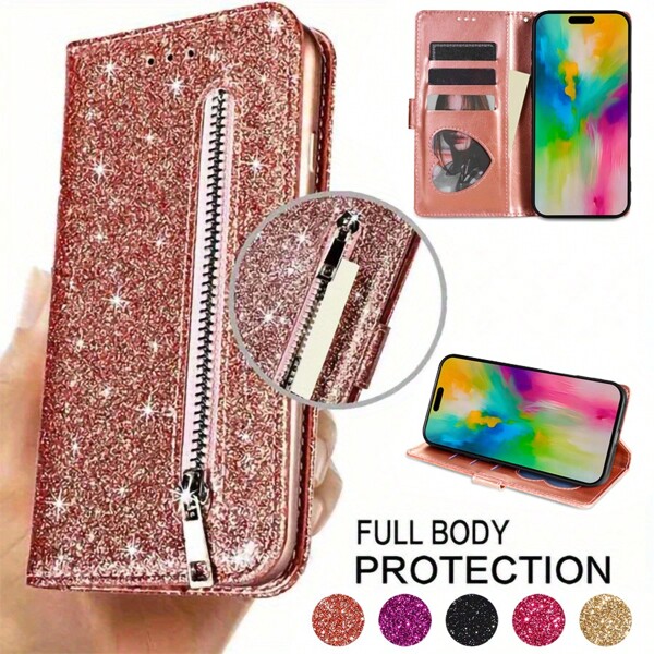 ZZXX Wallet Glitter Zipper With Card Slot Photo Frame Bracket Magnetism Flip PU Artificial Leather Case Compatible With IPhone Air 17 Pro Max 16e 15 Plus 14 13 Mini 12 11 XS XR SE 2022 8 7 ForSamsung Galaxy S25 Edge S24 FE S23 Ultra S22 Plus S21 S20 S10E S9 S8 Note 20 10 Lite 9 8 A03s A04 A04s A05 A05s A06 A07 A10 A12 A13 A14 A15