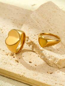 2 piezas Juego de anillos con forma de corazón de acero inoxidable 304 dorado, adecuado para uso diario de mujeres o como regalo - Amarillo Oro - Ver 2