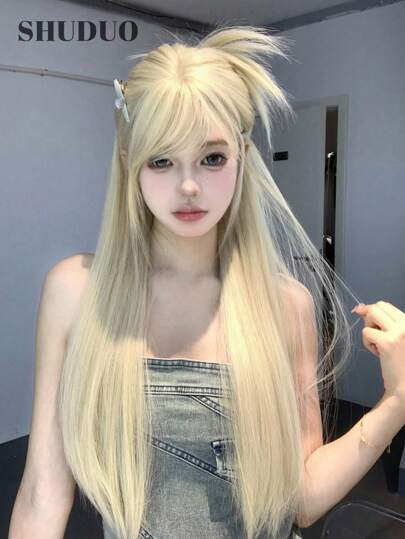 1 Pieza Peluca sintética resistente al calor, de cabello lacio y largo en color blanco dorado, con flequillo, de 26 pulgadas de longitud, hecha de fibra, adecuada para uso diario, cabello falso natural y realista (sin accesorios)