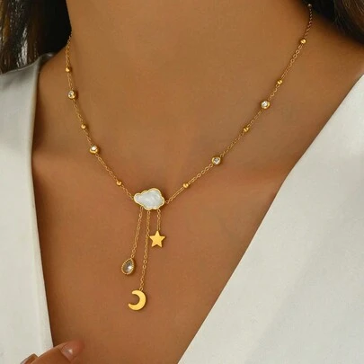 1 件女士 18K 镀金不锈钢首饰套装，镶嵌方晶锆石、月亮、星星、雨滴和云朵图案