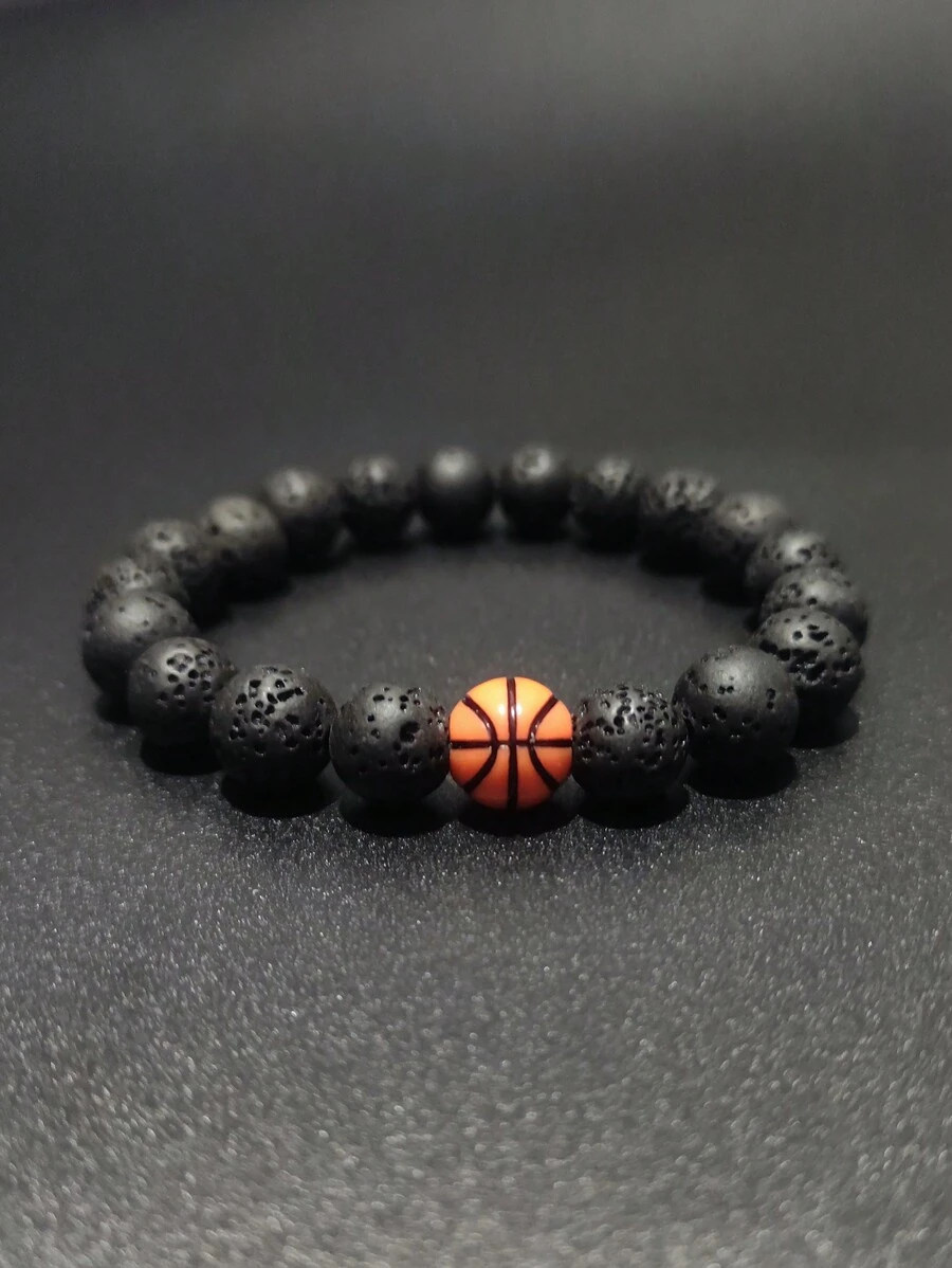 1pc Basketball & Baseball Beaded Bracelet, Handmade Sports Bracelet For Men - 10MM Volcanic Stone Basketball - View 1