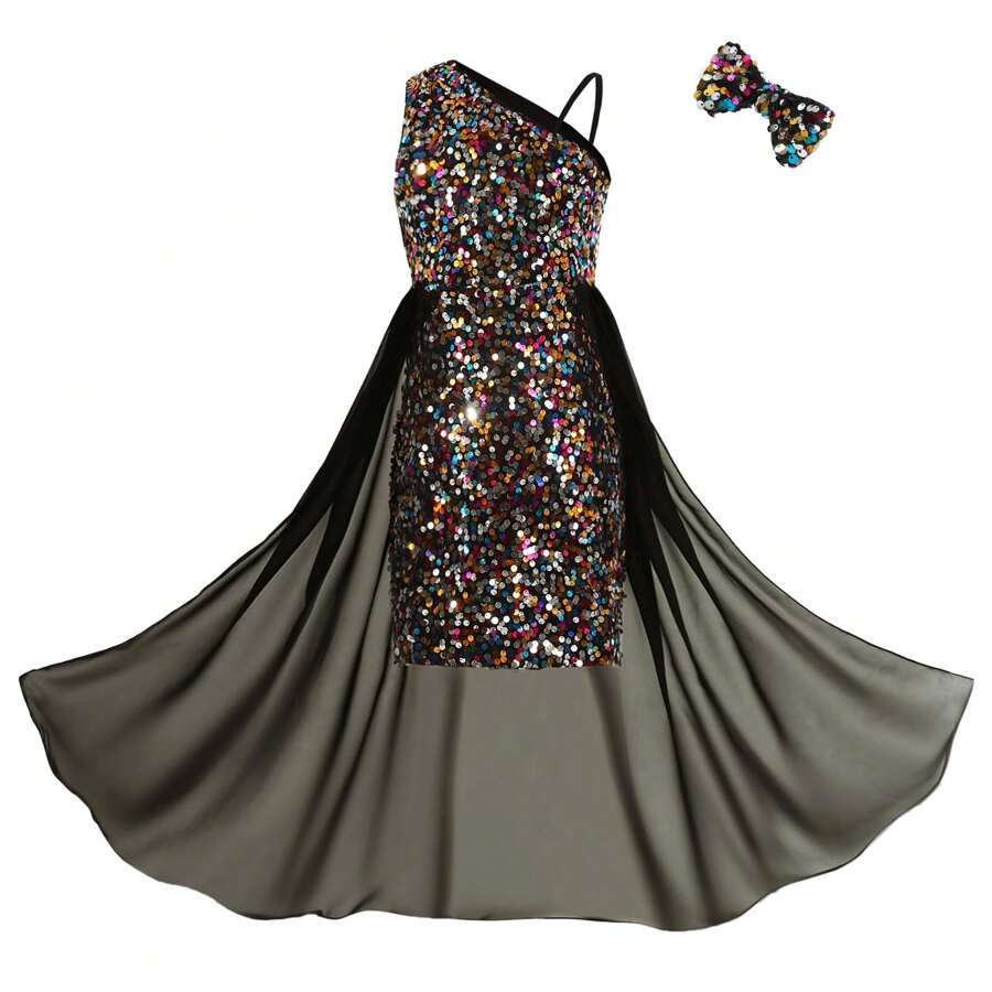 EXARUS Girls Bodycon Dress Sparkle With Mesh Overlay Sequin Sleeveless Dresses Formal Party Prom For Kids 6-14Y - 15彩虹色 - 查看 1