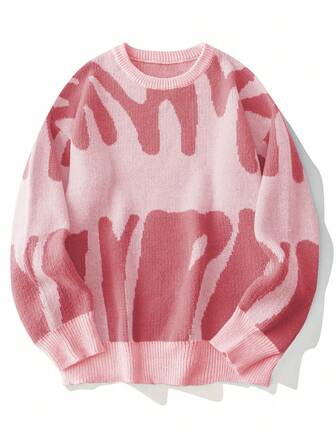 时尚图案圆领长袖休闲套头衫图案落肩字母校园街头装春假服装针织毛衣