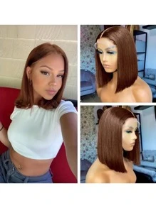 16 Inch Discount Wigs For Women Straight Bob Hair With 200% Density, Women Use Brown 13X4 Lace Wig, Human Hair Pre Cut And Pre Pulled, Natural Hairline, Transparent Lace Wig, Human Hair, Baby Hair Around, Daily Use, Suitable For Various Races