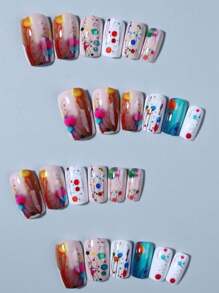 24 件中号方形尖头按压式指甲完美贴合亚克力假指甲套装，包括：1 个指甲锉 1 个果冻胶，适合女士和女孩日常生活派对使用美甲用品指甲 - 彩色 - 查看 3