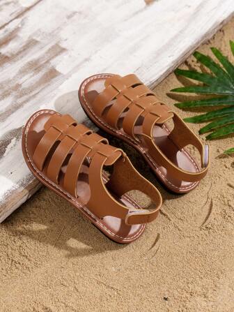 儿童时尚休闲罗马凉鞋，舒适平底露趾夏季沙滩凉鞋