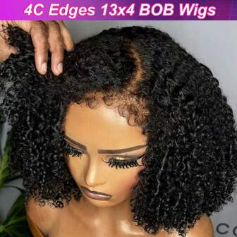 4C Kinky Edges Korta Bob Peruker Förplockade Lockigt 13X4 Transparent Spets Front Peruk Människohår med lockigt babyhår Kort Kinky lockigt brasilianskt jungfruhår Peruker För Kvinna Naturlig färg