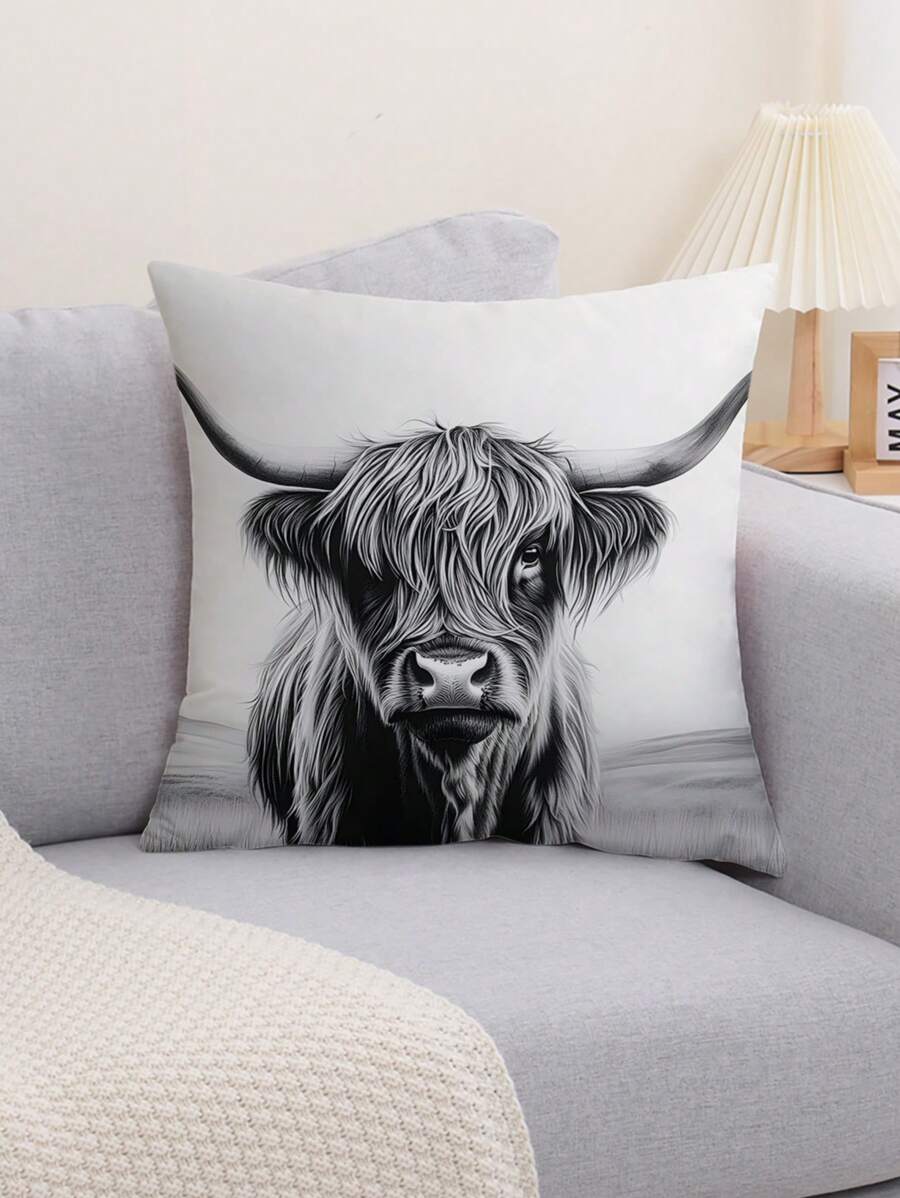 1pc Highland Cow Print Cushion Cover, Modern Fabric With Plush Printed Pillow Case For Living Room Sofa Home Decor, No Filling Included Gifts Birthday Graduation - Multicolor - View 1