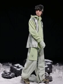 VECTOR MOTION Chinese Style Plush Fleece Snow Pants, Patchwork Sweatpants Windproof Waterproof Lightweight Warm Breathable Sports Ski Outfits - Olive Green - View 3