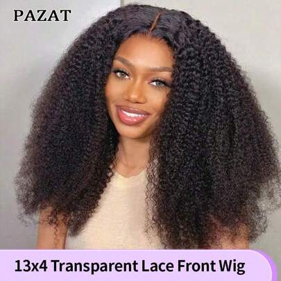 PAZAT 真人发假发 200% 密度卷曲蕾丝前假发 真人发湿发和波浪假发 13x4 高清蕾丝前假发 半真人发、半蛋白发 卷曲假发 女士预拔短波波头假发（6 英寸）