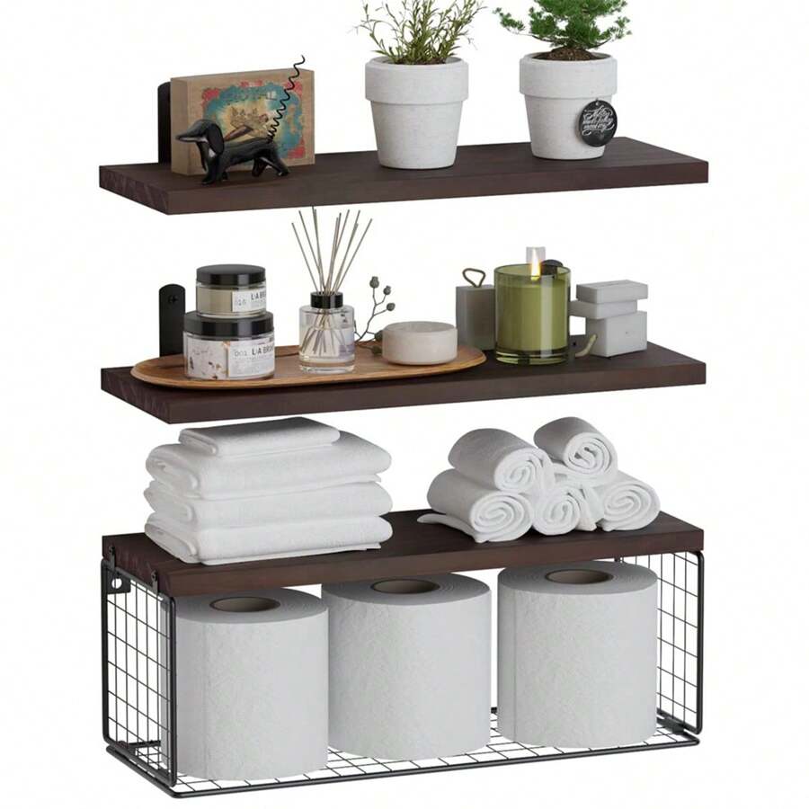 3Pcs Wooden Floating Shelves Wall Mounted Display Storage Shelf - Rusty Rose - View 1