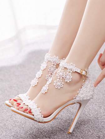 11 厘米白色珍珠缀饰宴会凉鞋，时尚串珠露趾高跟新娘婚纱凉鞋，带踝带，手工珍珠婚鞋，适合周年纪念、情人节、毕业典礼、派对