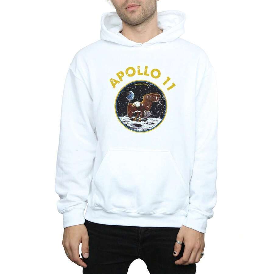 NASA Mens Classic Apollo 11 Hoodie (White) - 280gsm 50% Cotton/50% Polyester