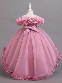 年轻女孩蕾丝串珠花朵下摆优雅连衣裙,前短后长公主礼服,婚礼伴娘礼服,正式服装 - 藕粉色 - 查看 3