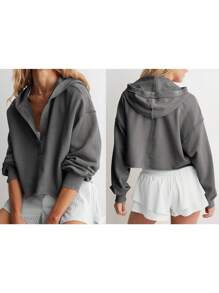 Sudadera con capucha para mujer, de manga larga, color liso, con cuello en V, para primavera y otoño - Gris - Ver 2