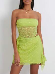 Womens 2 Piece Summer Outfits Sleeveless Off Shoulder Tube Tops Lace Floral Skirt Set - Green - View 8