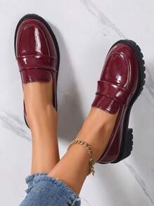 Vintage Style Women's Slip-On Leather Loafers With Bow Decor, Chunky Heel, Versatile For Spring & Autumn