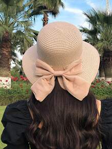 Dames lente/zomer brede rand zonnehoed, Koreaanse stijl veelzijdige zonbescherming strandhoed met strik, casual elegante outdoor strohoed, polyester, effen kleur