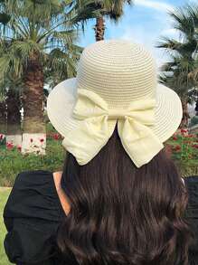 Dames lente/zomer brede rand zonnehoed, Koreaanse stijl veelzijdige zonbescherming strandhoed met strik, casual elegante outdoor strohoed, polyester, effen kleur
