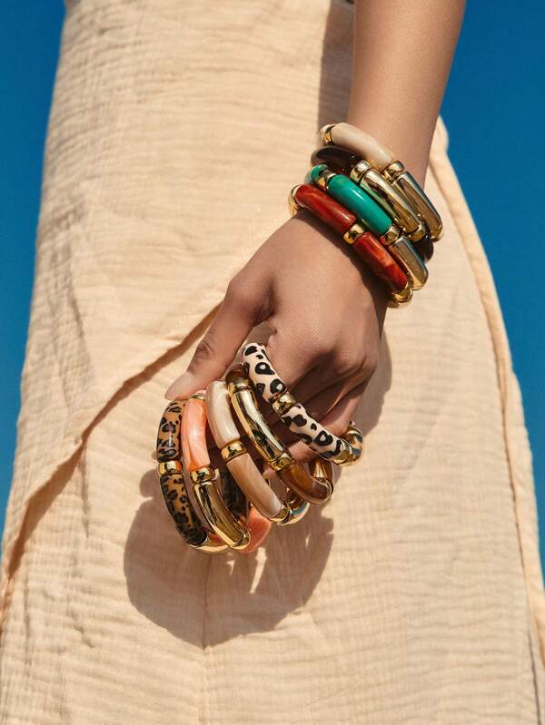 ORNAPEADIA 1 قطعة أساور مرنة من الراتنج بنمط النمر البوهيمي والألوان موحد اللون، مناسبة للسيدات للارتداء اليومي والحفلات، للهدايا