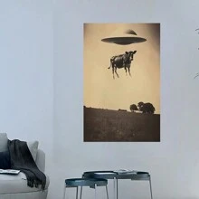 UFO & Cow Canvas Art Print - Vintage Alien Wall Decor, Poster For Home & Office, Perfect Gift For Bedroom, Living Room, Or Bar, UFO, Aliens, Canvas Poster, Home Decor, Artwork