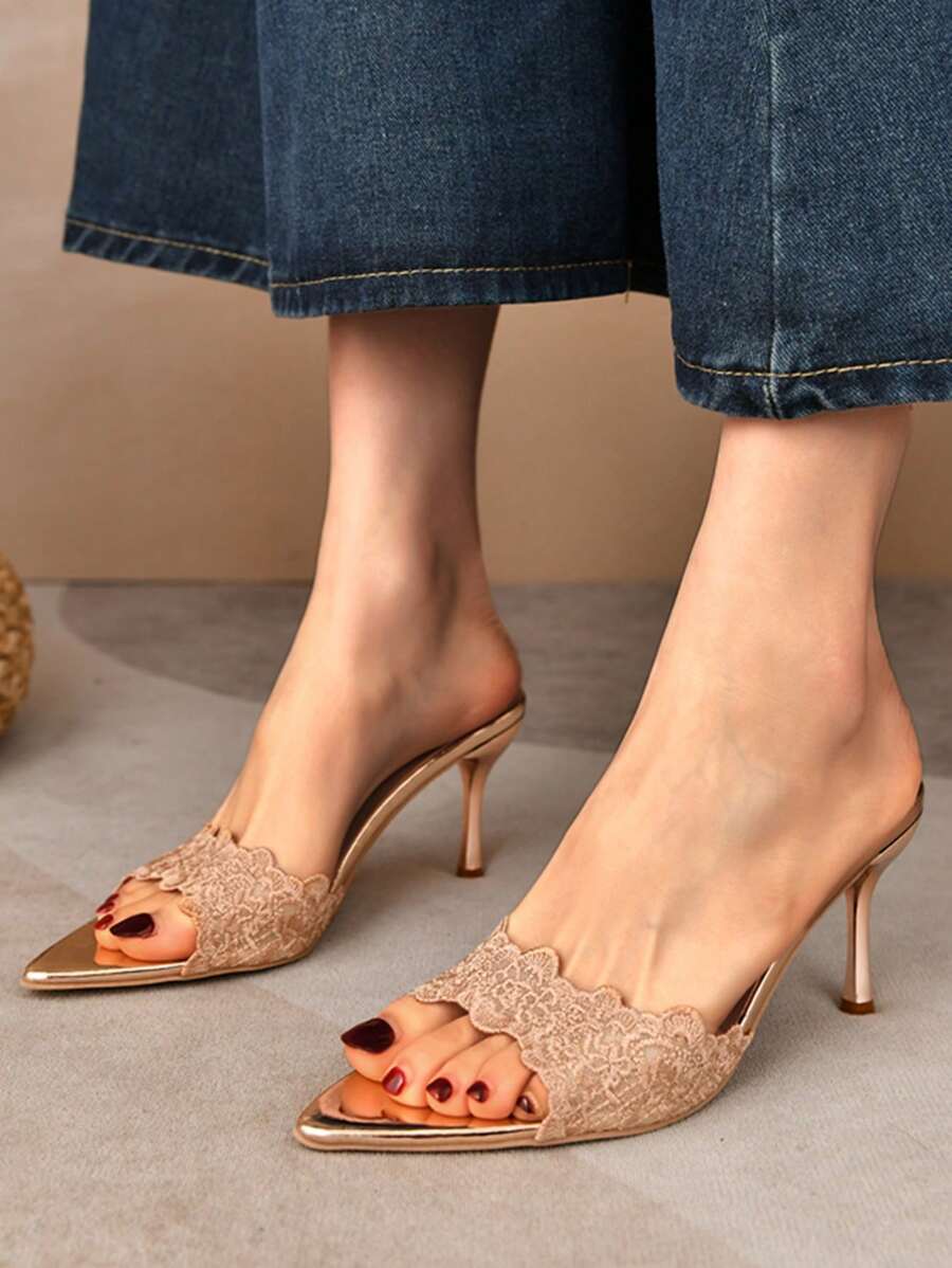Sandalias de tacón de aguja de estilo retro con punta abierta y bordado de tela para mujer, sandalias de tacón alto doradas y transpirables, adecuadas para el Día de la Madre, tacones de gatito - Champán - Ver 1