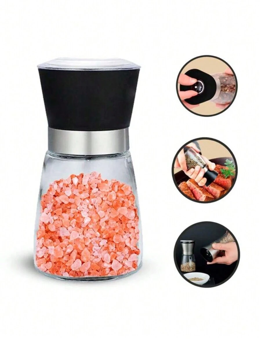 GLASS SPICE GRINDERS WITH PREMIUM STAINLESS STEEL DETAIL - BLACK LID Salt Pepper Grinder - 黑色 - 查看 1