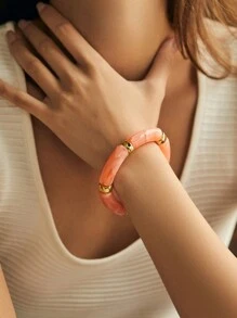 ORNAPEADIA 1条波西米亚风豹纹纯色树脂弹力手链，适合女性日常佩戴和聚会，可作礼物 - 圓形 - 查看 14