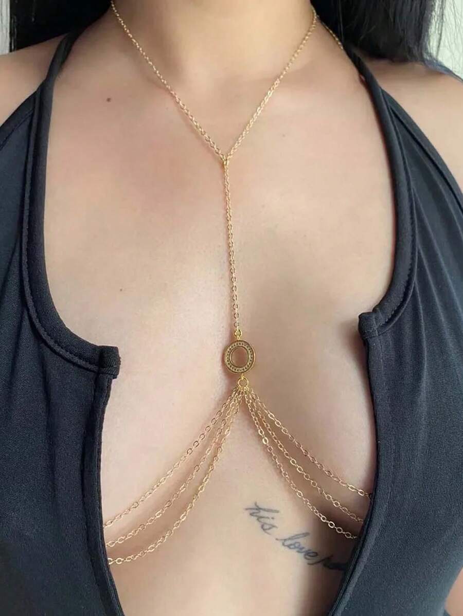 Stonefans 圆形乳头链非穿孔珠宝简约身体链水钻时尚比基尼分层胸部配饰派对