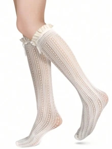 蝴蝶结装饰荷叶边蕾丝过膝袜 蝴蝶结边饰蕾丝中筒袜 可爱JK日式过膝袜 蕾丝镂空设计过膝袜 女士过膝袜 蕾丝腿套 蕾丝蝴蝶结过膝袜 JK风格洛丽塔过膝袜 女士紧身裤和长筒袜